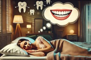 Mulher dormindo em um quarto aconchegante enquanto sonha com dentes flutuando, ilustrando de forma suave o tema sonhar com dente caindo.