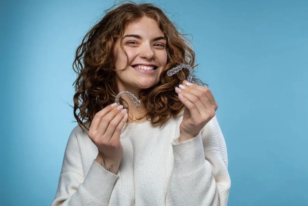 Quanto custam alinhadores invisíveis: pessoa ajustando o dispositivo nos dentes