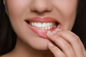 Mulher mostrando gengiva retraída com sinais de inflamação.